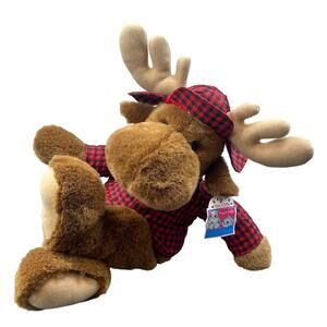 VTG Vaughn Plush Pals Moose Stuffed Animal 18" Brown Cabincore Lumberjack Plaid